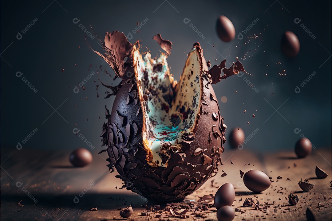 Ovo de chocolate explodiu doce em um fundo sem fim, celebração da Páscoa.