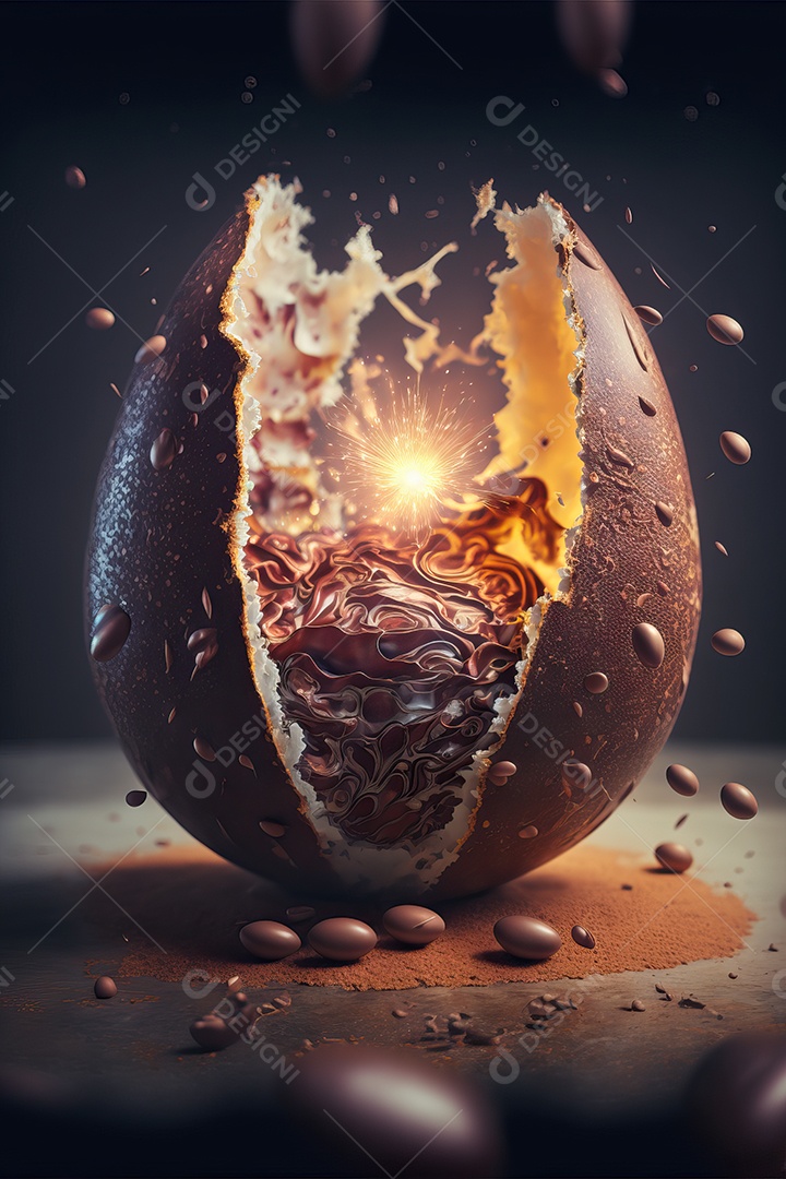 Ovo de chocolate explodiu doce em um fundo sem fim, celebração da Páscoa.