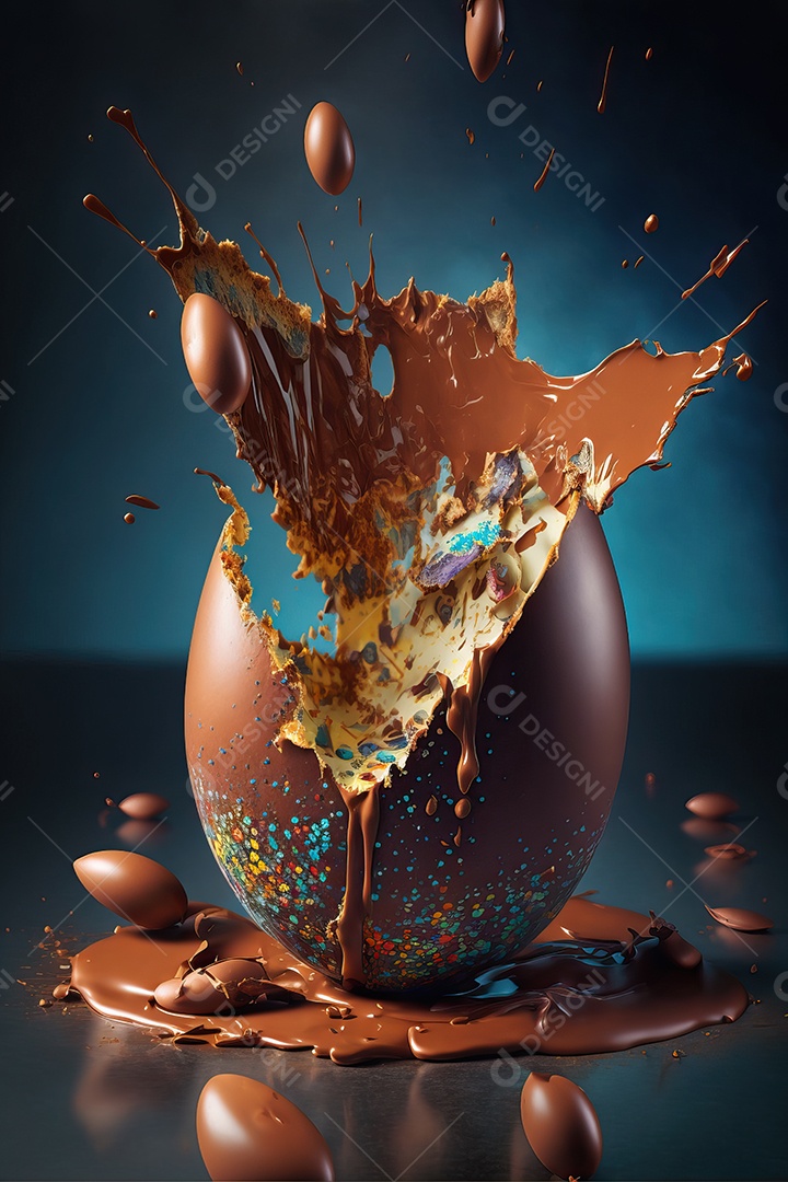 Ovo de chocolate explodiu doce em um fundo sem fim, celebração da Páscoa.