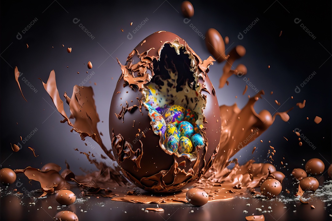 Ovo de chocolate explodiu doce em um fundo sem fim, celebração da Páscoa.