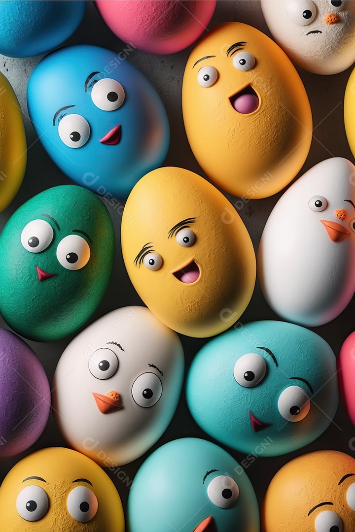 Fundo colorido de ovos de Páscoa com sorrisos, celebração da Páscoa.