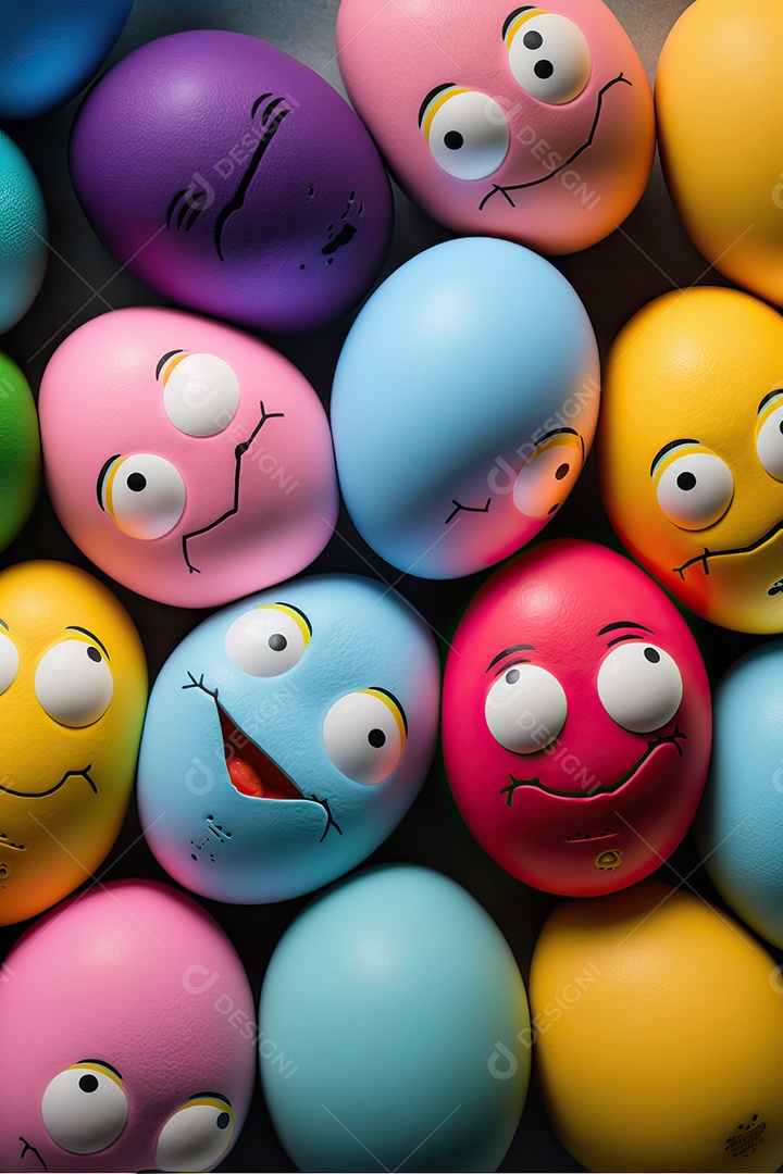 Fundo colorido de ovos de Páscoa com sorrisos, celebração da Páscoa.