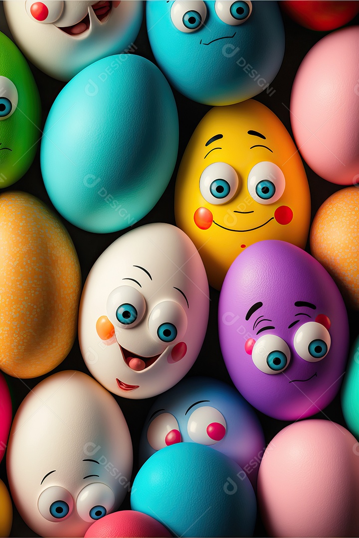 Fundo colorido de ovos de Páscoa com sorrisos, celebração da Páscoa.