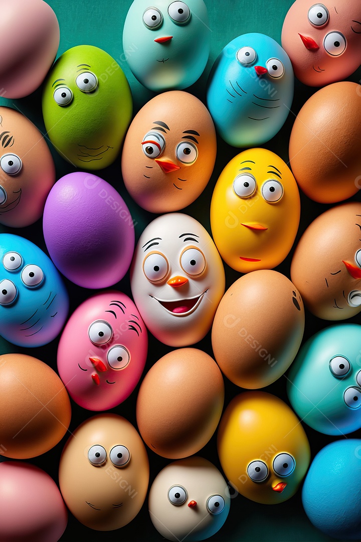 Fundo colorido de ovos de Páscoa com sorrisos, celebração da Páscoa.