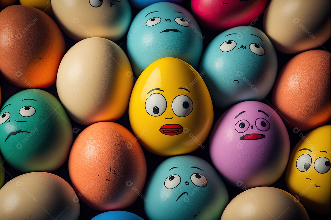 Fundo colorido de ovos de Páscoa com sorrisos, celebração da Páscoa.