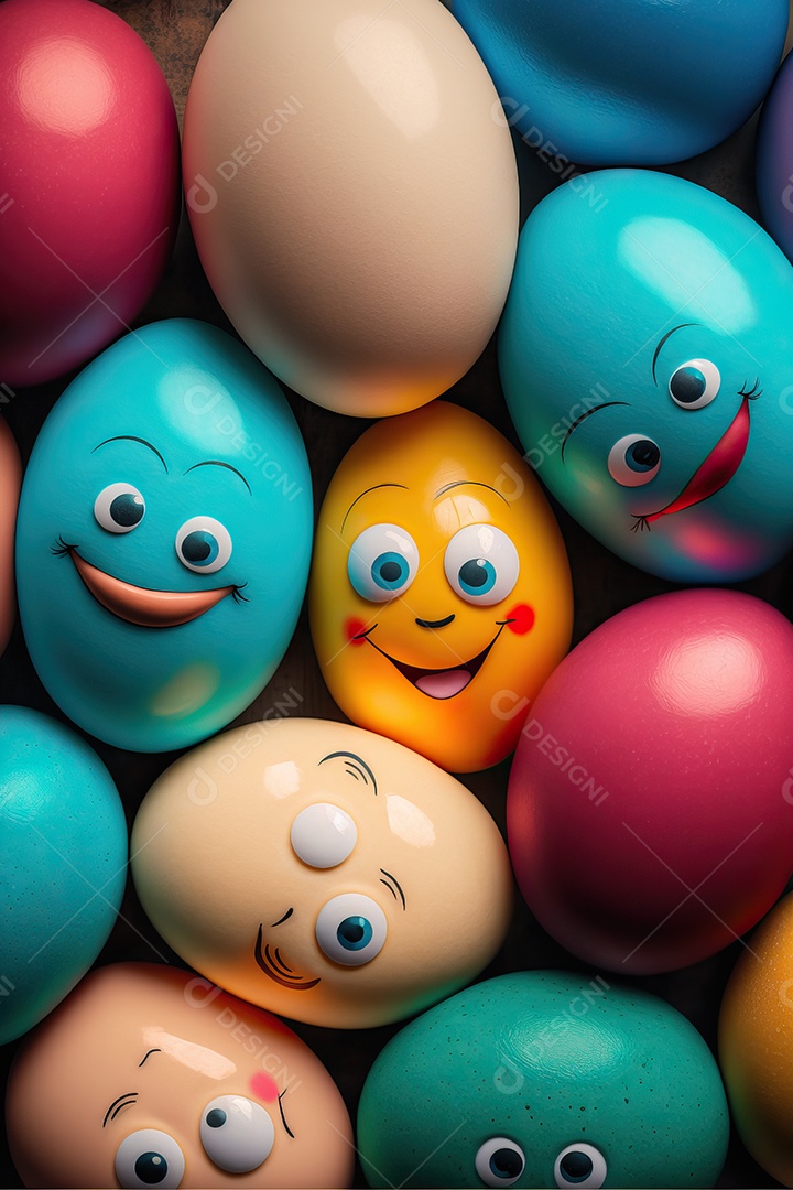 Fundo colorido de ovos de Páscoa com sorrisos, celebração da Páscoa.