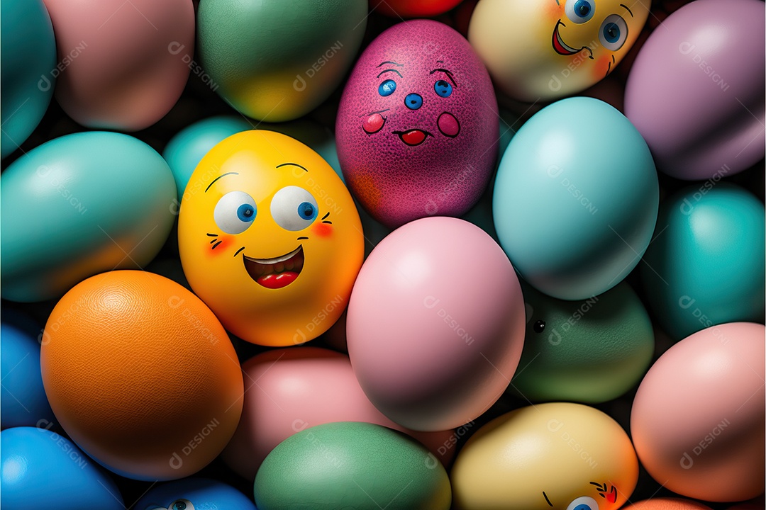 Fundo colorido de ovos de Páscoa com sorrisos, celebração da Páscoa.
