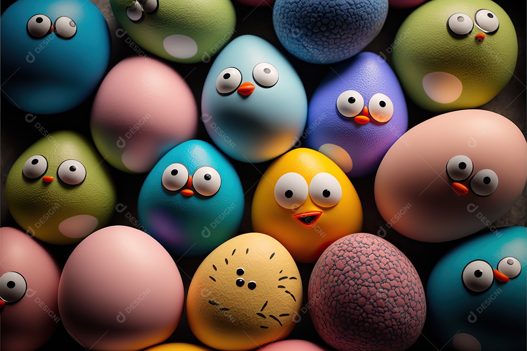 Fundo colorido de ovos de Páscoa com sorrisos, celebração da Páscoa.