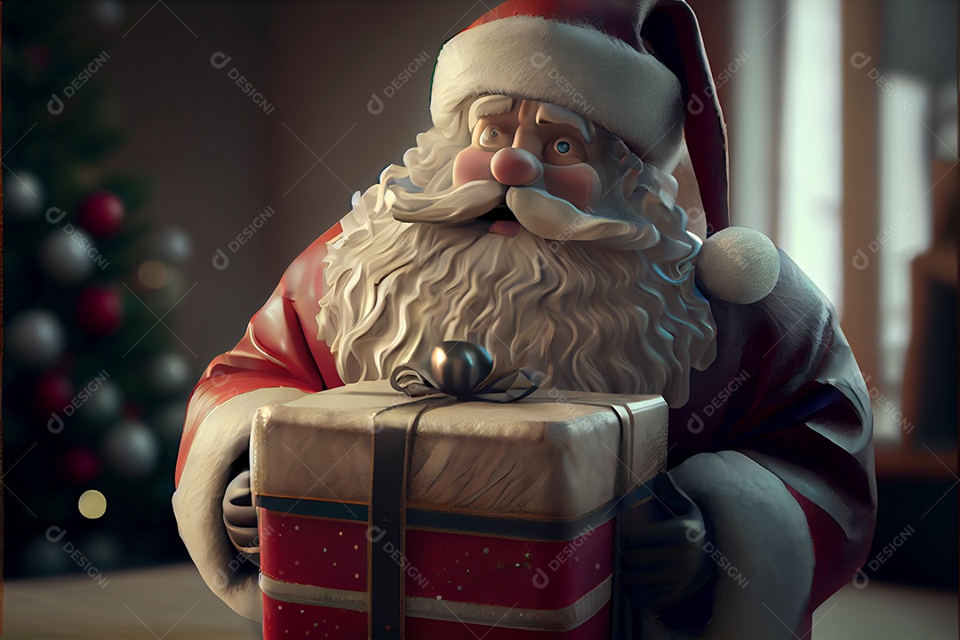 Papai Noel segurando presentes Há uma árvore de Natal decorada ao fundo