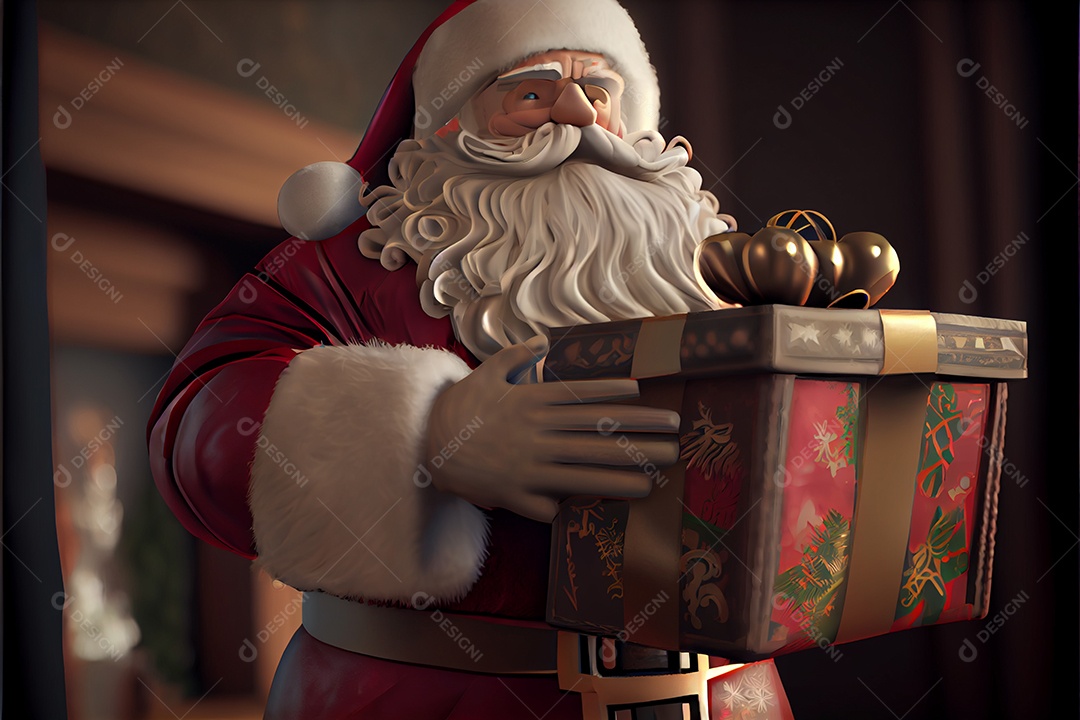 Papai Noel segurando presentes Há uma árvore de Natal decorada ao fundo