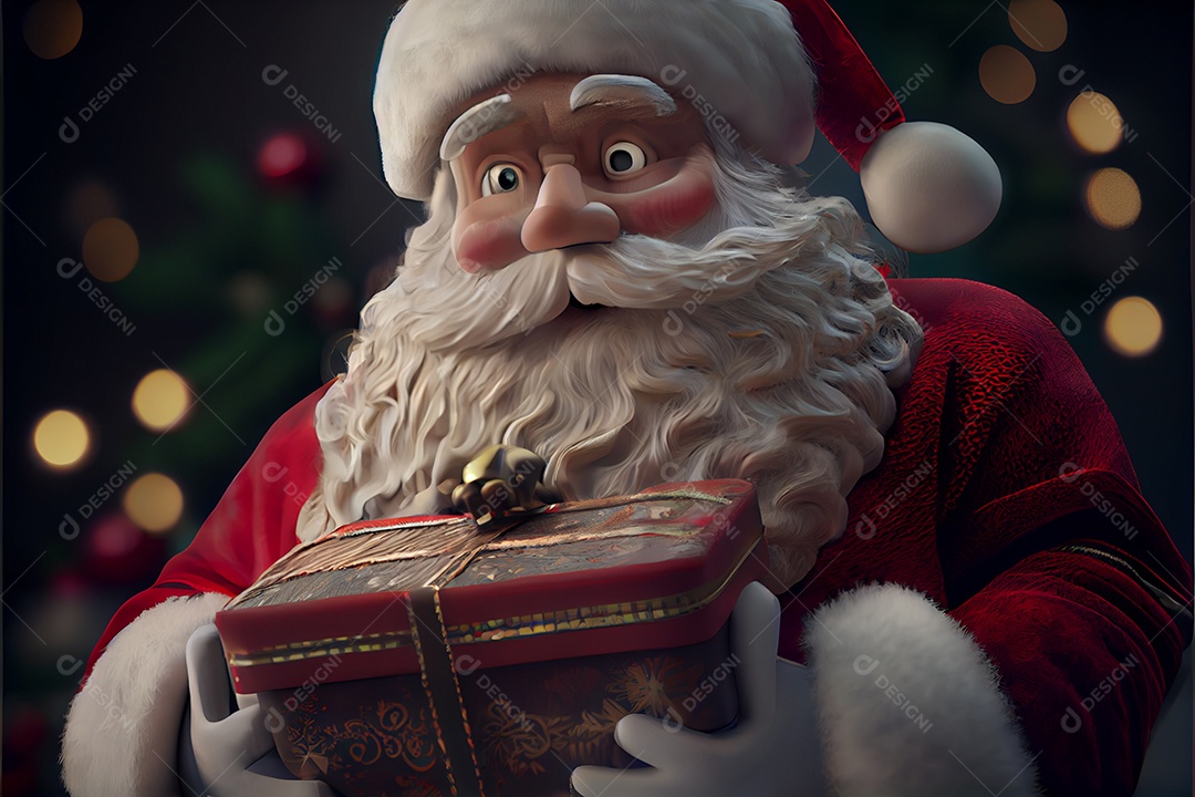 Papai Noel segurando presentes Há uma árvore de Natal decorada ao fundo