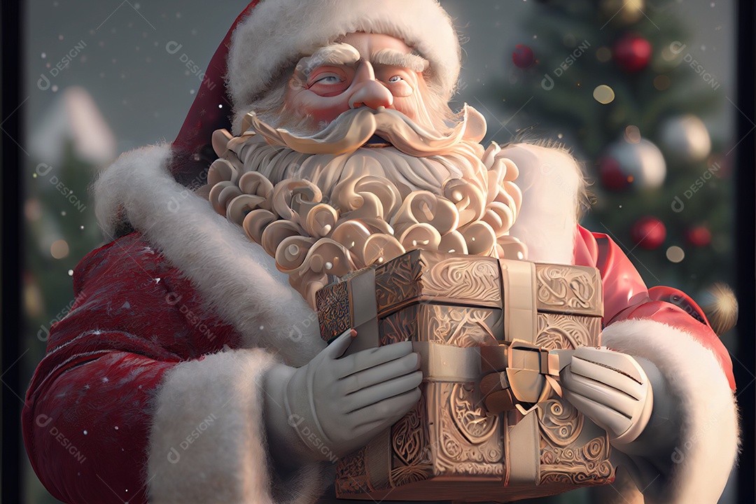 Papai Noel segurando presentes Há uma árvore de Natal decorada ao fundo