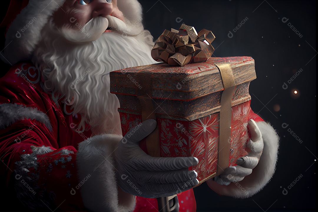 Papai Noel segurando presentes Há uma árvore de Natal decorada ao fundo