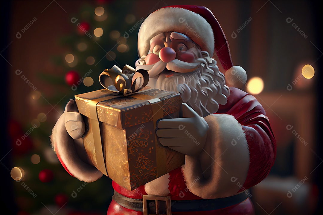 Papai Noel segurando presentes Há uma árvore de Natal decorada ao fundo