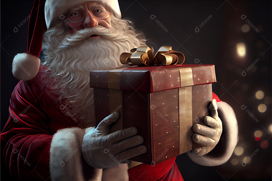 Santa Claus holding gifts There is a decorated Christmas tree in the background