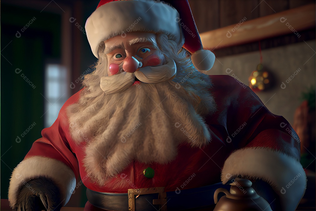 Papai Noel segurando presentes Há uma árvore de Natal decorada ao fundo