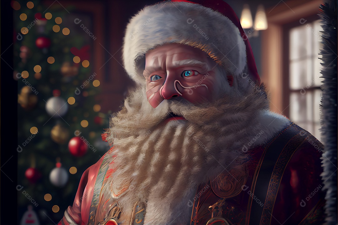 Papai Noel segurando presentes Há uma árvore de Natal decorada ao fundo