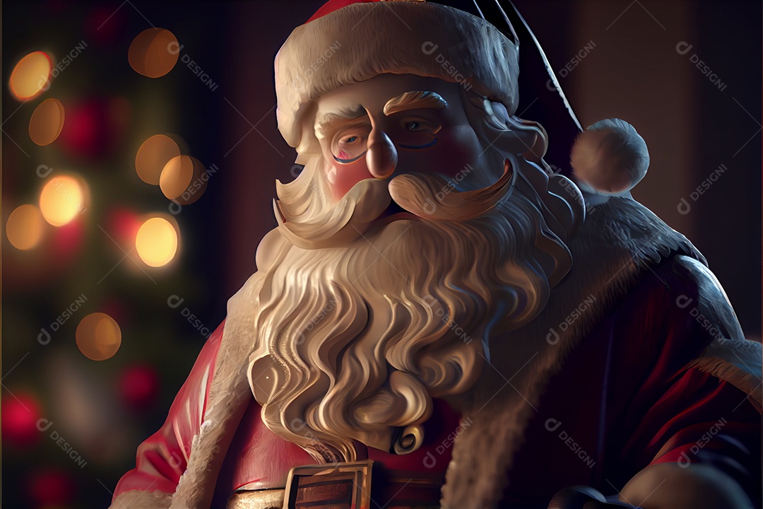 Papai Noel segurando presentes Há uma árvore de Natal decorada ao fundo