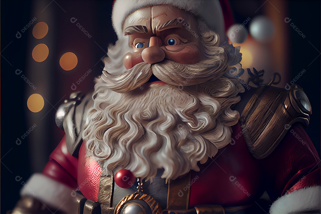 Papai Noel segurando presentes Há uma árvore de Natal decorada ao fundo