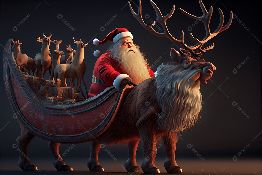 Papai Noel montando um cervo em um trenó, cartoon 3D Feliz Natal