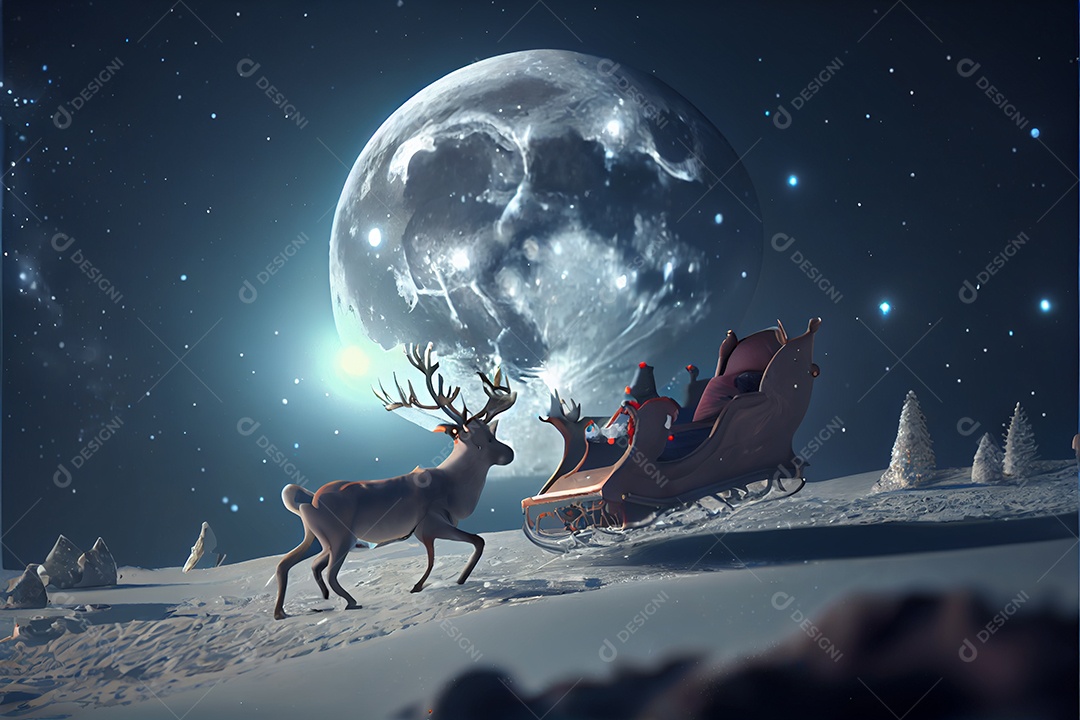 Papai Noel montando um cervo em um trenó, cartoon 3D Feliz Natal