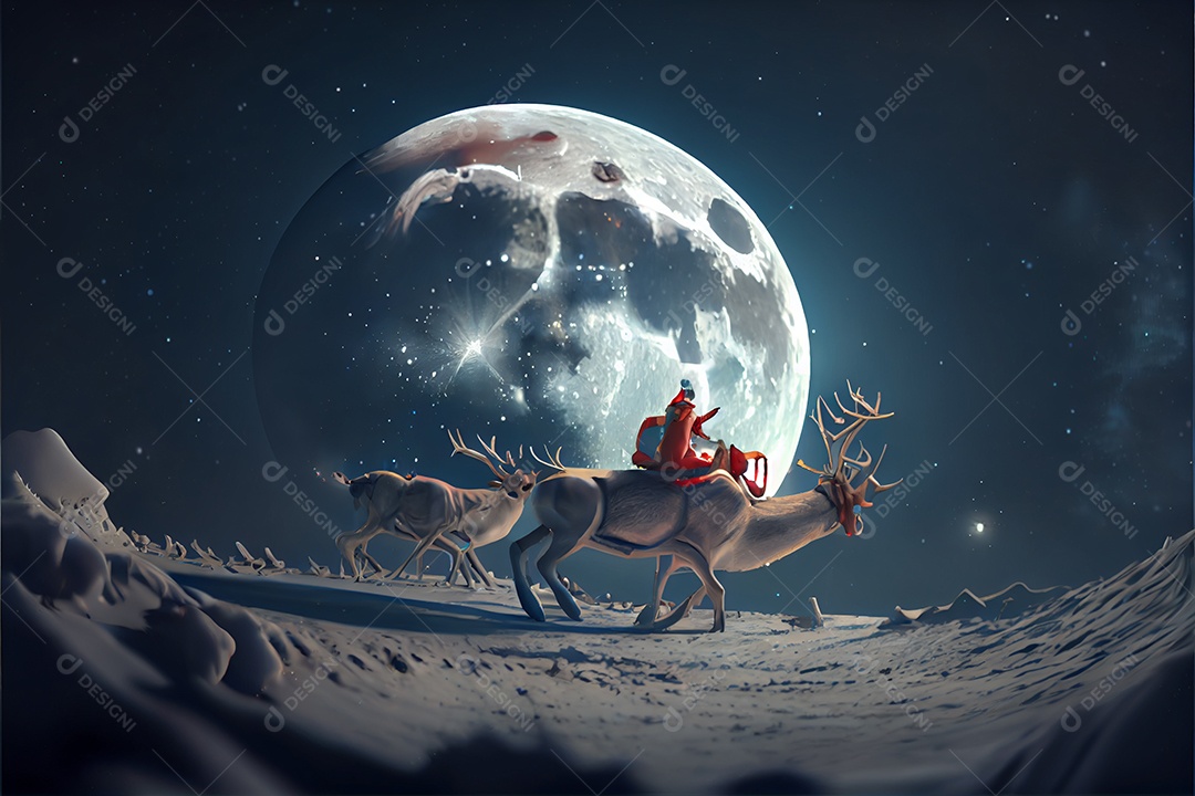 Papai Noel montando um cervo em um trenó, cartoon 3D Feliz Natal