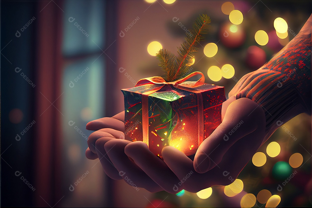 Mão segurando um presente Há uma árvore de Natal decorada ao fundo com luzes