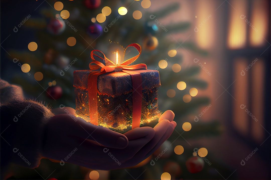 Mão segurando um presente Há uma árvore de Natal decorada ao fundo com luzes