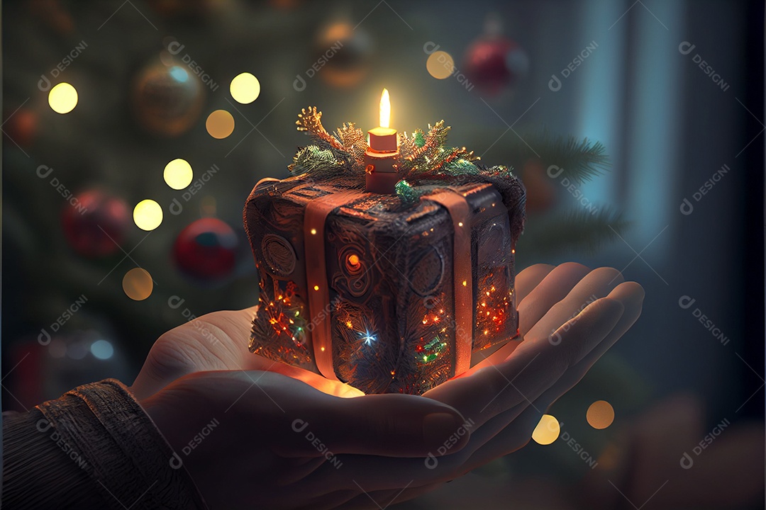 mão segurando um presente Há uma árvore de Natal decorada ao fundo com luzes