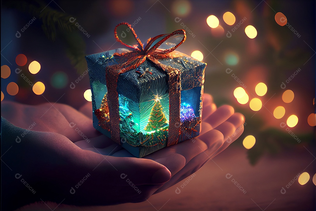 mão segurando um presente Há uma árvore de Natal decorada ao fundo com luzes