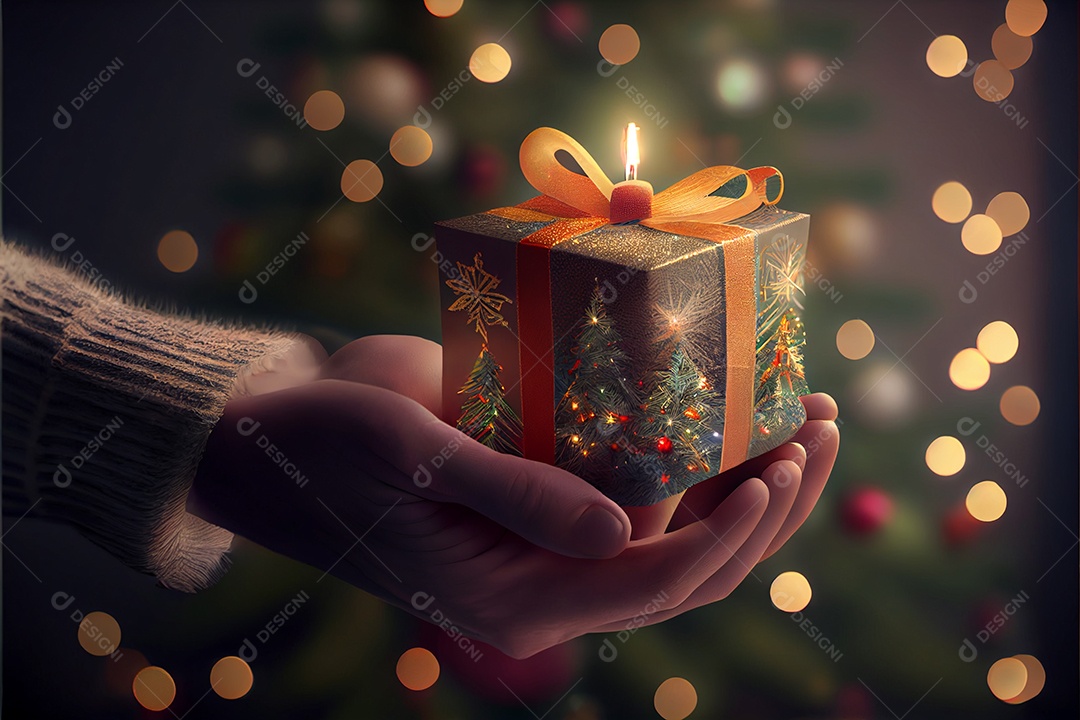 mão segurando um presente Há uma árvore de Natal decorada ao fundo com luzes