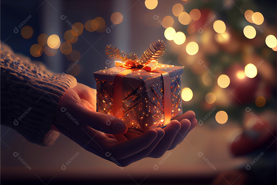 mão segurando um presente Há uma árvore de Natal decorada ao fundo com luzes