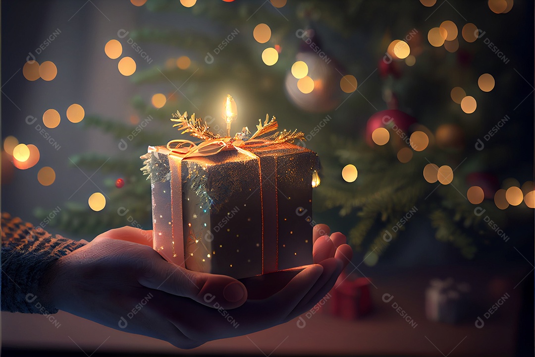 mão segurando um presente Há uma árvore de Natal decorada ao fundo com luzes