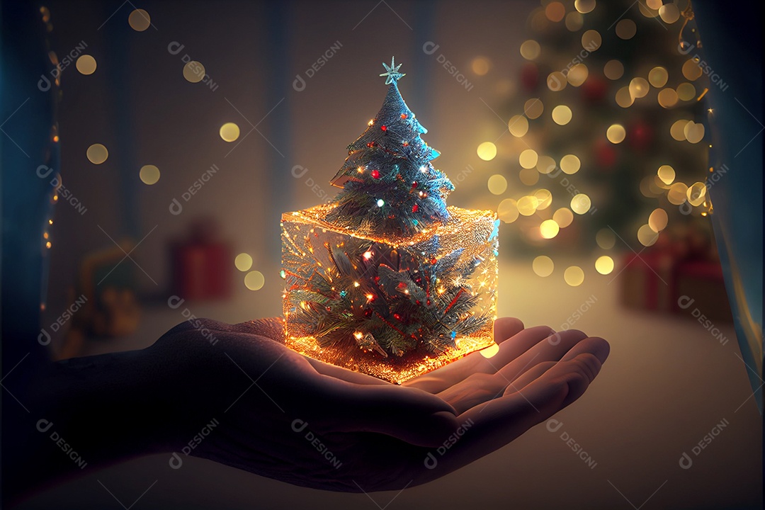 mão segurando um presente Há uma árvore de Natal decorada ao fundo com luzes