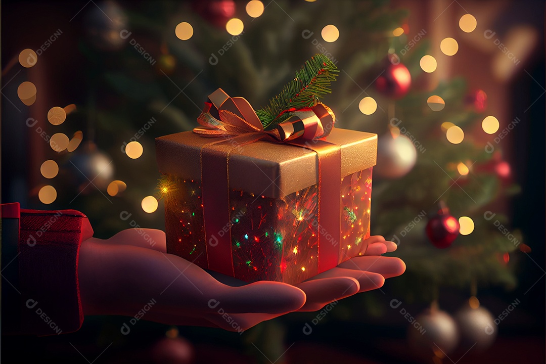mão segurando um presente Há uma árvore de Natal decorada ao fundo com luzes