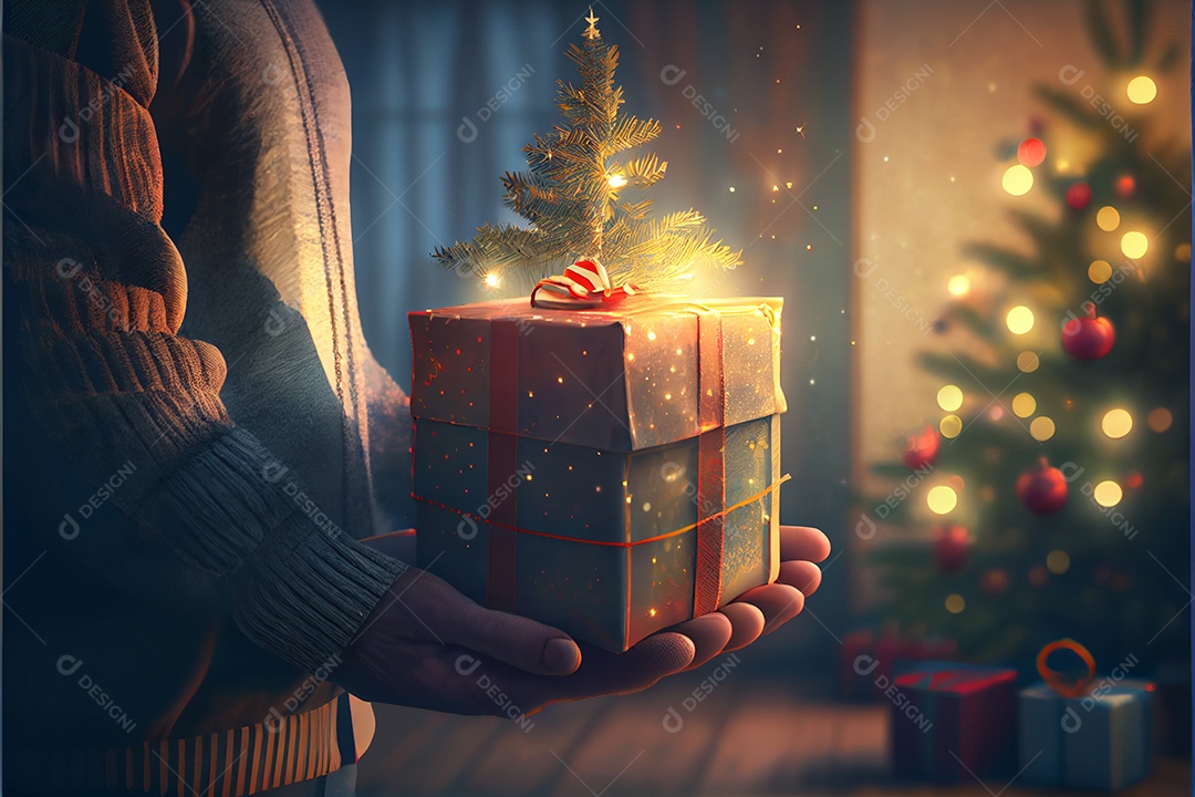 mão segurando um presente Há uma árvore de Natal decorada ao fundo com luzes