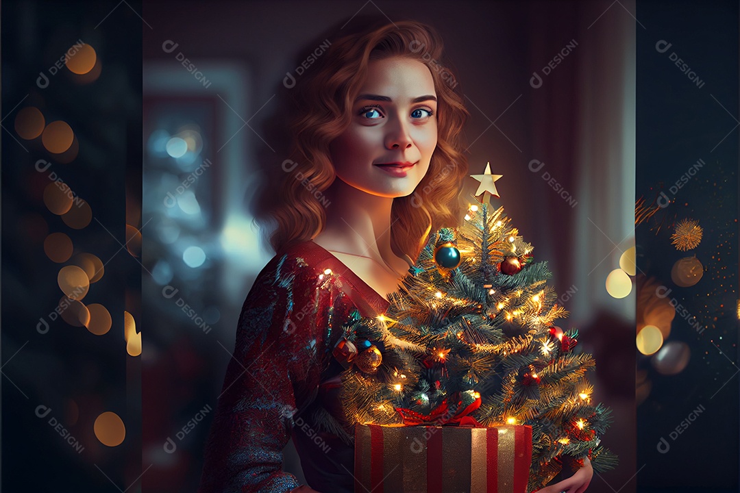 mulher bonita Modelo 3D em pé segurando um presente Há uma árvore de Natal decorada ao fundo com luzes