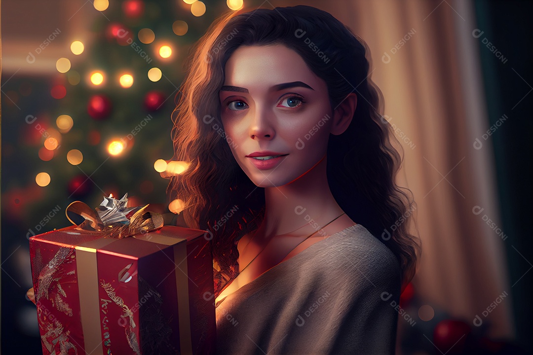 mulher bonita Modelo 3D em pé segurando um presente Há uma árvore de Natal decorada ao fundo com luzes