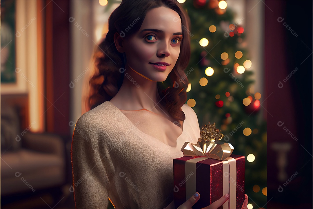 mulher bonita Modelo 3D em pé segurando um presente Há uma árvore de Natal decorada ao fundo com luzes
