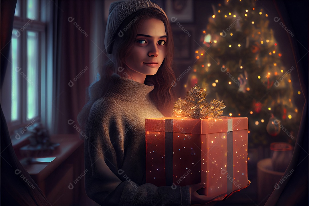 mulher bonita Modelo 3D em pé segurando um presente Há uma árvore de Natal decorada ao fundo com luzes