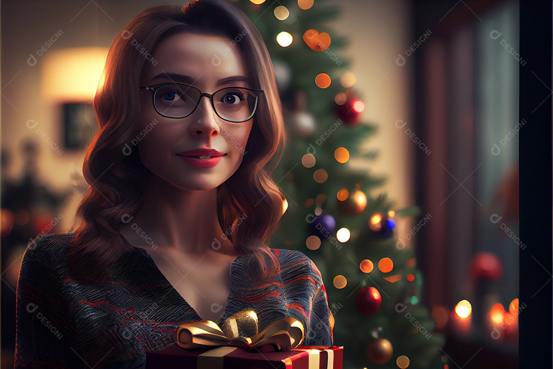 mulher bonita Modelo 3D em pé segurando um presente Há uma árvore de Natal decorada ao fundo com luzes