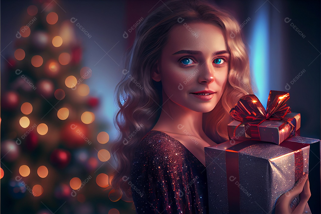 mulher bonita Modelo 3D em pé segurando um presente Há uma árvore de Natal decorada ao fundo com luzes