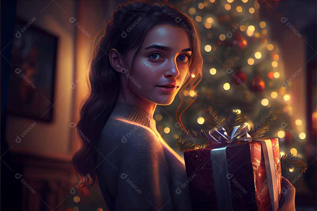 mulher bonita Modelo 3D em pé segurando um presente Há uma árvore de Natal decorada ao fundo com luzes