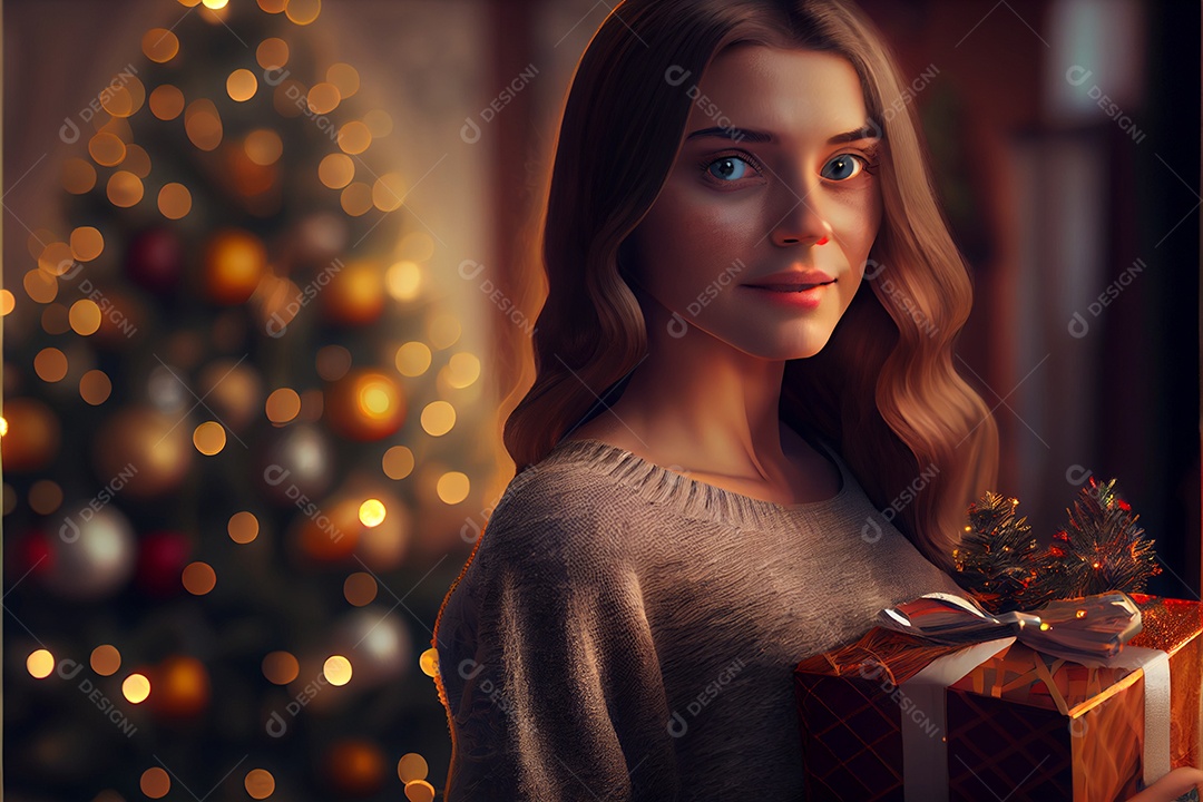 mulher bonita Modelo 3D em pé segurando um presente Há uma árvore de Natal decorada ao fundo com luzes
