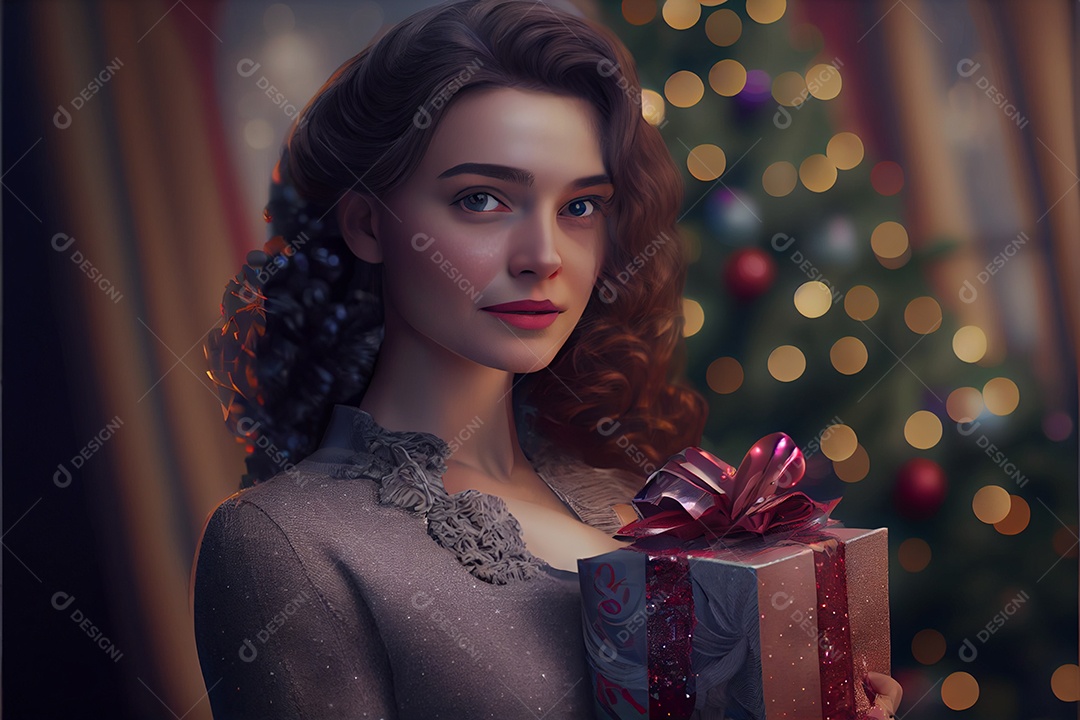 mulher bonita Modelo 3D em pé segurando um presente Há uma árvore de Natal decorada ao fundo com luzes