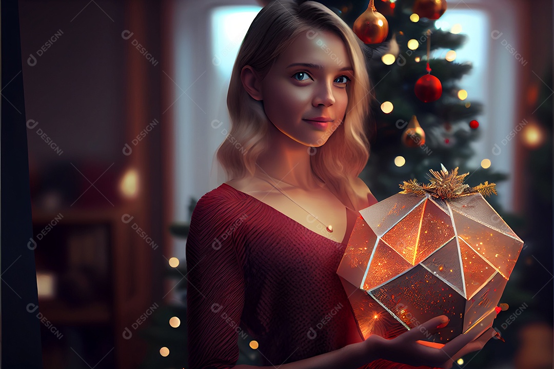 Mulher bonita Modelo 3D em pé segurando um presente Há uma árvore de Natal decorada