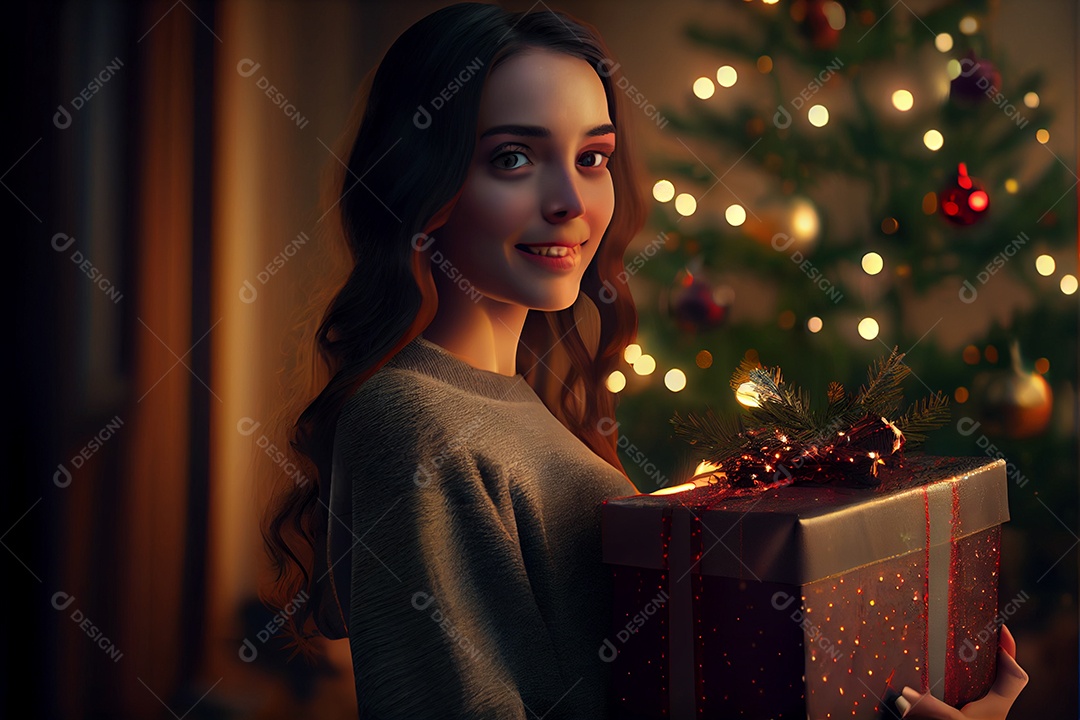 Mulher bonita Modelo 3D em pé segurando um presente Há uma árvore de Natal decorada