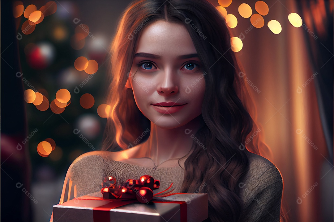 Mulher bonita Modelo 3D em pé segurando um presente Há uma árvore de Natal decorada