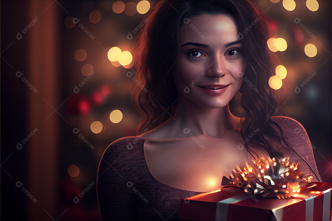 Mulher bonita Modelo 3D em pé segurando um presente Há uma árvore de Natal decorada