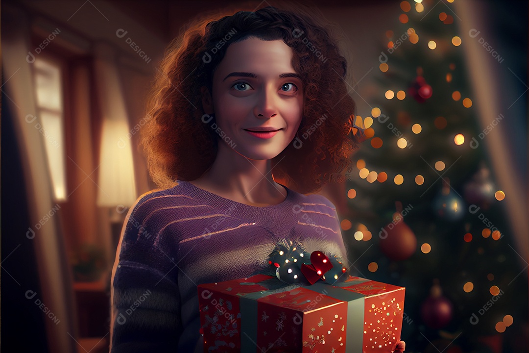 Mulher bonita Modelo 3D em pé segurando um presente Há uma árvore de Natal decorada